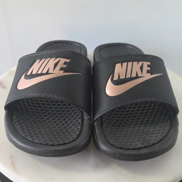 Nike Black Slides with Metallic Logo Size 7 - Picture 2 of 5